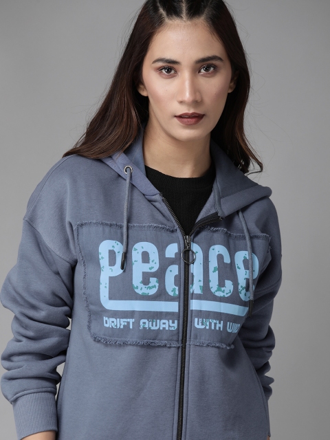 

The Roadster Lifestyle Co Women Blue Printed Hooded Sweatshirt