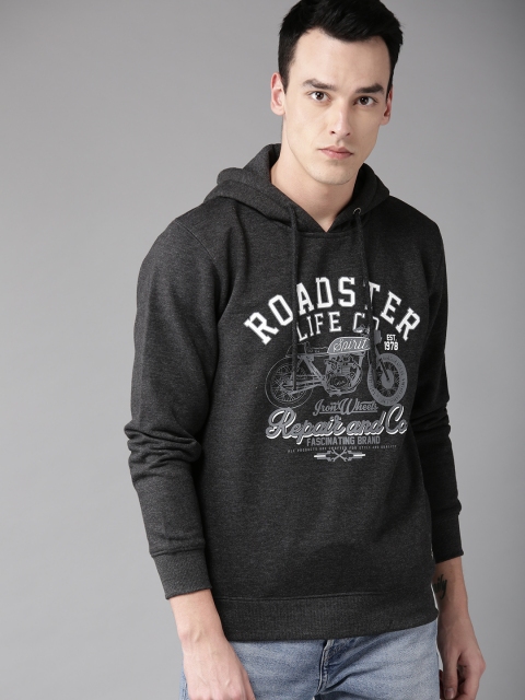 

The Roadster Lifestyle Co Men Charcoal Grey & White Printed Hooded Sweatshirt