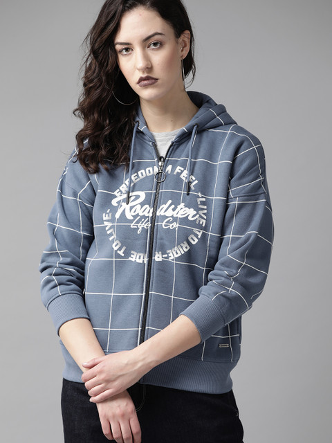 

Roadster Women Blue & White Checked Hooded Sweatshirt