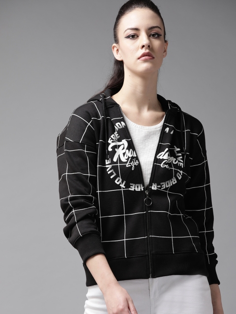 

The Roadster Lifestyle Co Women Black & White Checked Hooded Sweatshirt