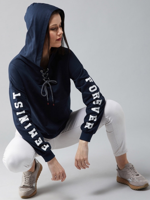 

DOLCE CRUDO Women Navy Blue Printed Hooded Sweatshirt