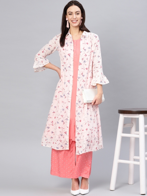 

Ishin Women White & Pink Printed Layered Kurta with Palazzos