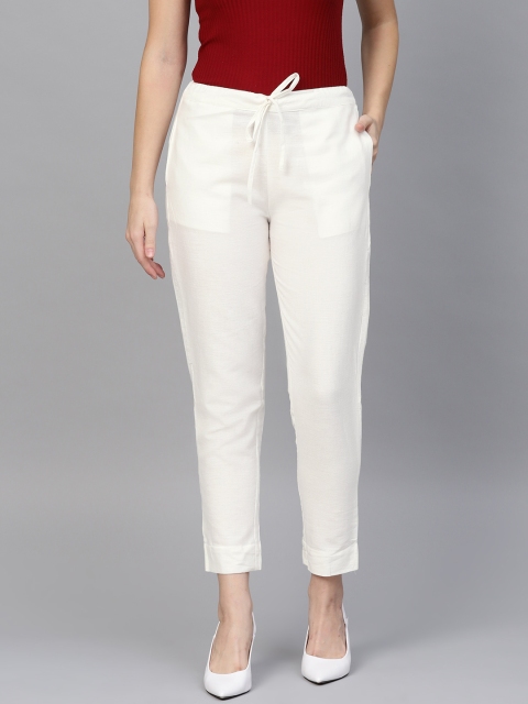 

Ishin Women Off-White Regular Fit Solid Cigarette Trousers