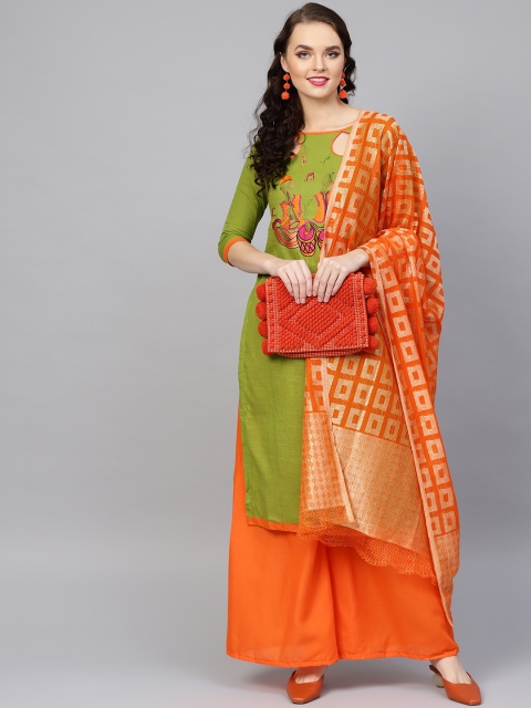 

Ishin Green & Orange Unstitched Dress Material with Dupatta
