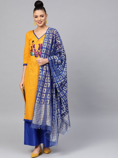 

Ishin Mustard Yellow & Blue Unstitched Dress Material