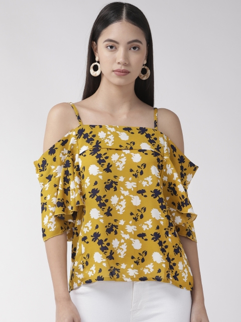 

plusS Women Mustard Yellow & Off-White Printed Bardot Top