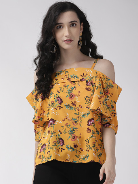 

plusS Women Mustard Yellow & Maroon Floral Printed Bardot Top