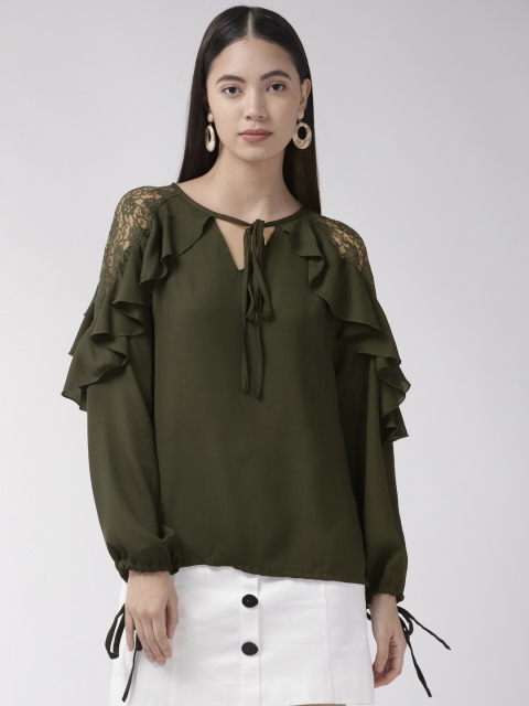 

plusS Women Olive Green Ruffle Detail Solid Top