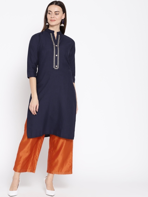 

Vastraa Fusion Women Navy Blue Yoke Design Straight Kurta