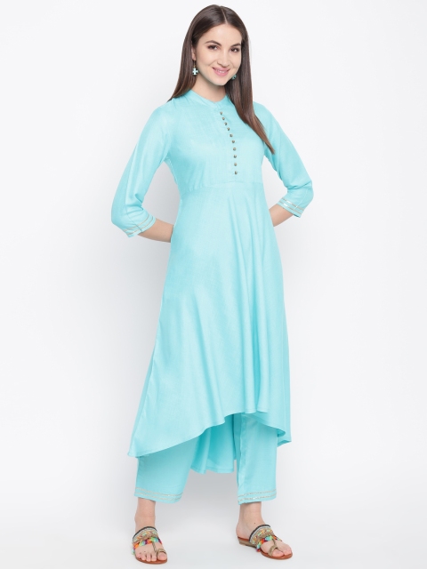 

Khushal K Women Turquoise Blue Solid Kurta with Palazzos