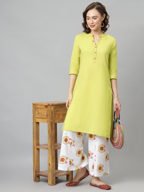 

Khushal K Women Yellow & White Solid Kurta with Palazzos