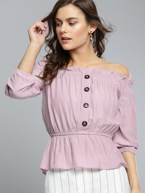 

Carlton London Women Lavender Self-Striped Bardot Top