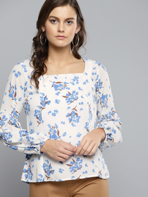 

Carlton London Women White & Blue Printed Regular Top