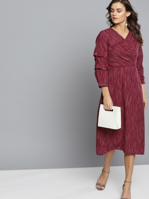 

Carlton London Women Wine-Coloured & Off White Self Design Wrap Dress, Burgundy