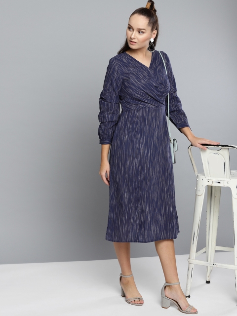 

Carlton London Women Navy Blue & Off White Self Design Wrap Dress