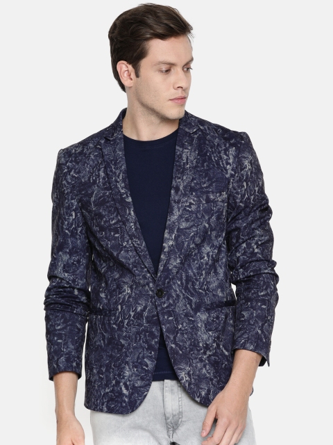 

Jack & Jones Men Navy Blue & White Printed Slim Fit Single-Breasted Casual Blazers