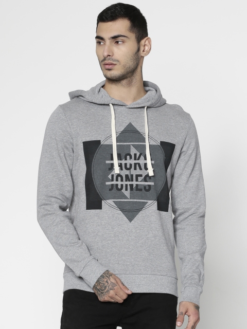 

Jack & Jones Men Grey Printed Hooded Sweatshirt