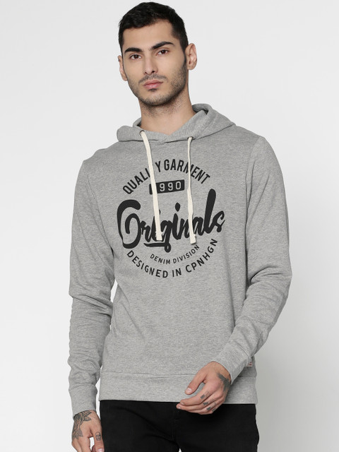

Jack & Jones Men Grey Printed Hooded Sweatshirt