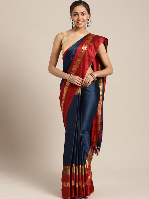 

Ishin Navy Blue Solid Chanderi Saree