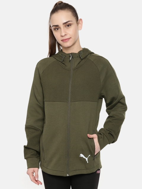 

Puma Women Olive Green Solid Slim Fit Evostripe FZ dryCELL Hooded Sweatshirt