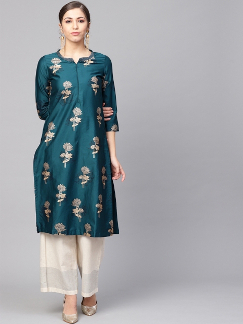 biba-women-teal-blue-golden-printed-straight-kurta