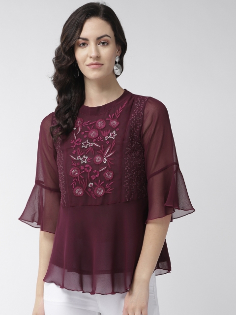 

Antheaa Women Burgundy Embroidered A-Line Top