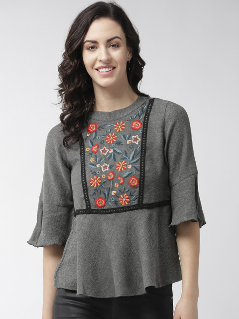 

Antheaa Women Charcoal Grey & Red Embroidered A-Line Top