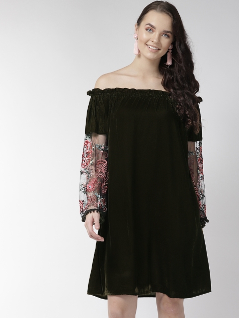 

Antheaa Women Olive Green A-Line Dress with Velvet Finish