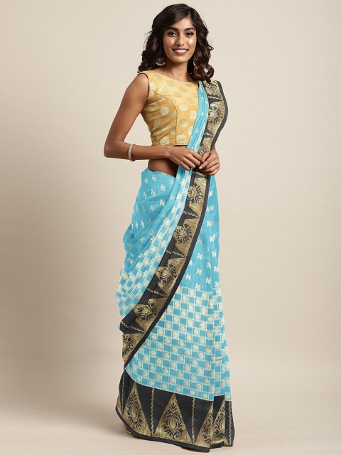 

The Chennai Silks Classicate Blue & Black Silk Cotton Checked Kovai Saree