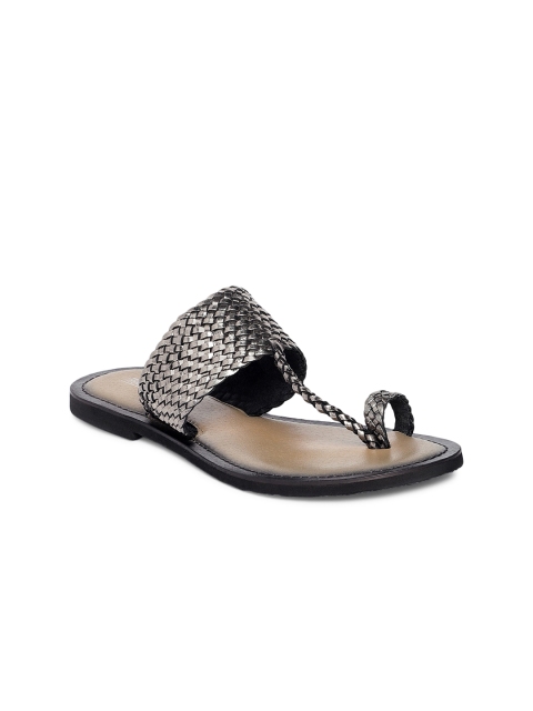 

TRENDS & TRADES Women Grey Hand Woven Leather Open Toe Flats