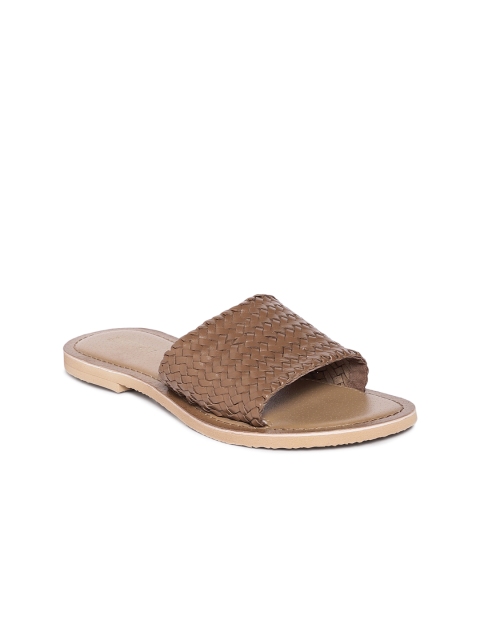 

TRENDS & TRADES Women Tan Brown Hand Woven Leather Open Toe Flats