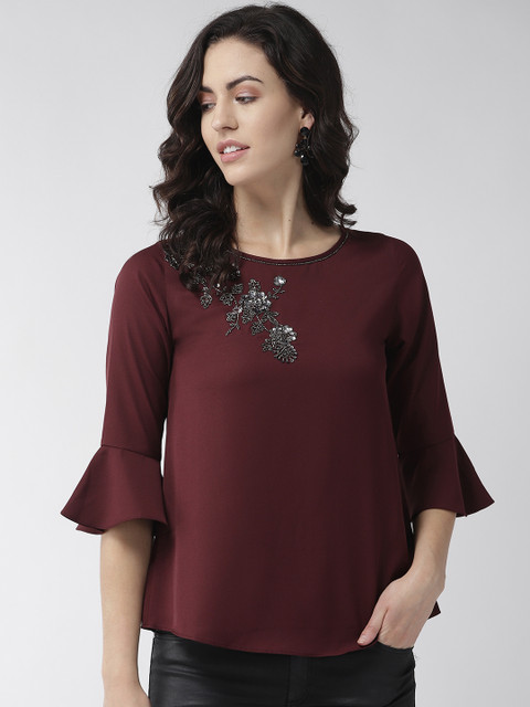

Antheaa Women Burgundy Embellished Detail Regular Top