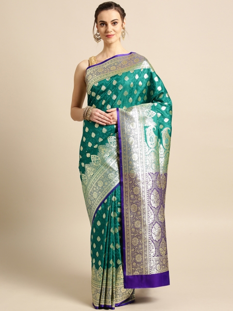 

BANARASI SILK WORKS Green & Golden Woven Design Banarasi Saree