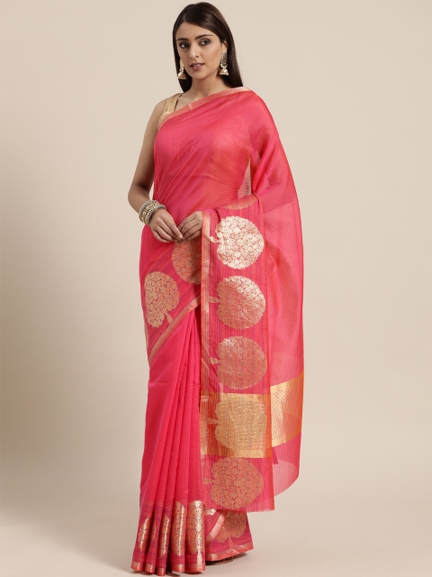 

BANARASI SILK WORKS Pink & Golden Striped Banarasi Saree