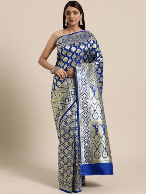 

BANARASI SILK WORKS Blue & Golden Woven Design Banarasi Saree