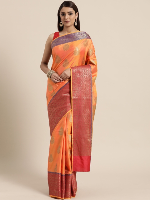 

BANARASI SILK WORKS Orange & Golden Woven Design Banarasi Saree