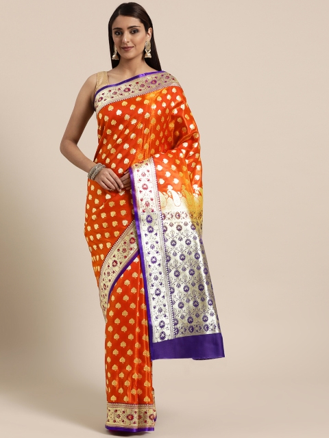 

BANARASI SILK WORKS Orange & Golden Woven Design Banarasi Saree