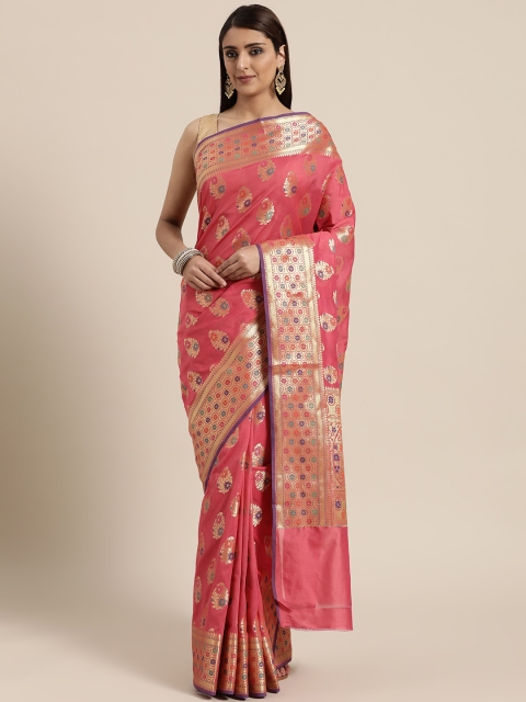 

BANARASI SILK WORKS Pink & Golden Woven Design Banarasi Saree