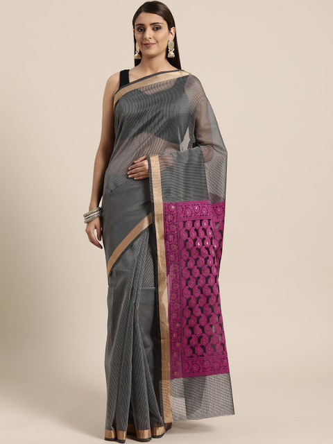 

BANARASI SILK WORKS Charcoal Grey & Magenta Checked Banarasi Saree