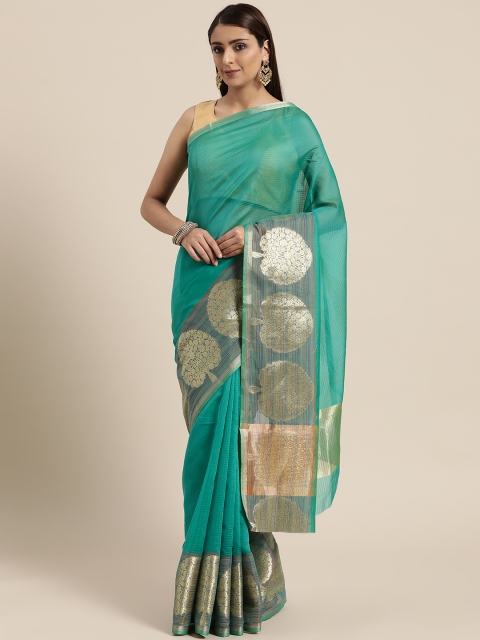 

BANARASI SILK WORKS Green & Golden Striped Banarasi Saree