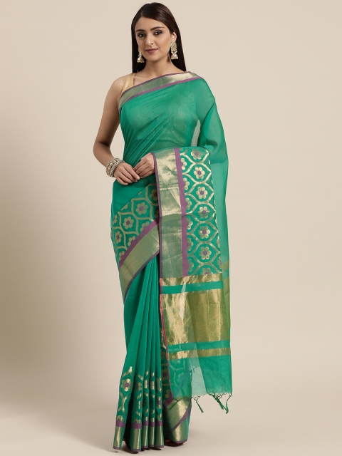 

BANARASI SILK WORKS Green Woven Design Banarasi Saree