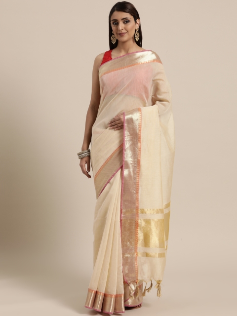 

BANARASI SILK WORKS Cream-Coloured Solid Banarasi Saree