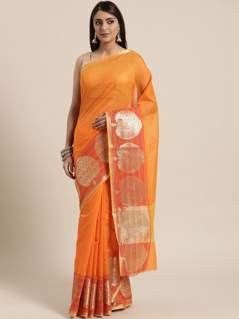 

BANARASI SILK WORKS Orange & Golden Striped Banarasi Saree