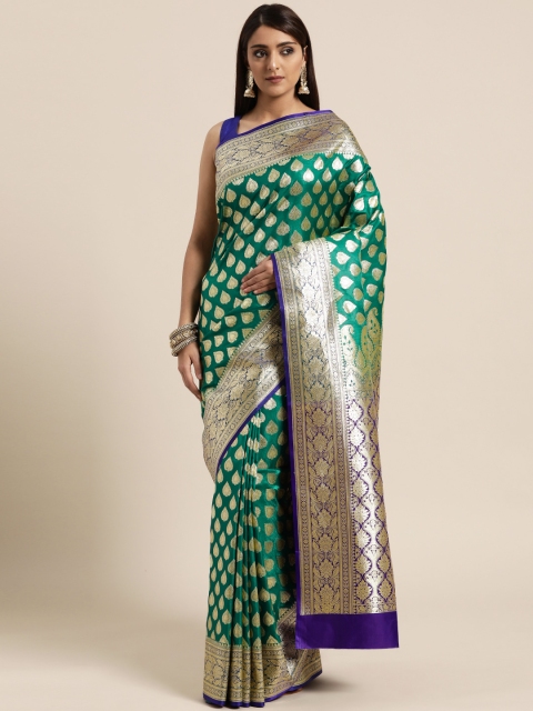 

BANARASI SILK WORKS Green & Golden Woven Design Banarasi Saree