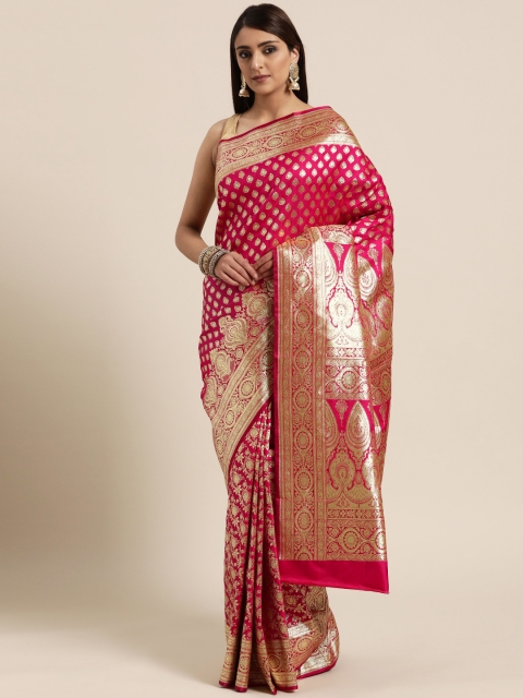 

BANARASI SILK WORKS Pink & Golden Woven Design Banarasi Saree