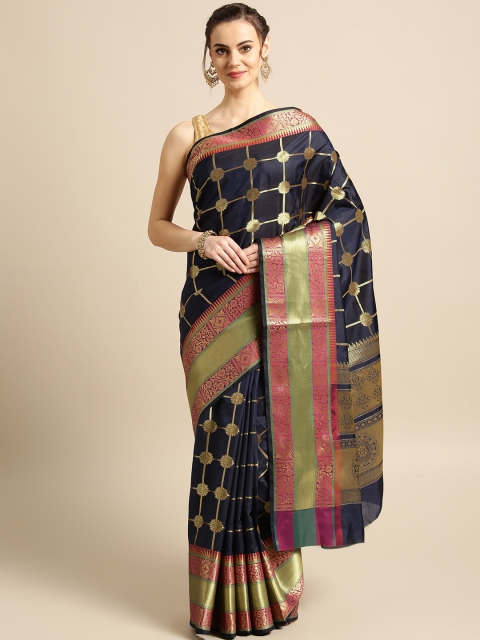 

BANARASI SILK WORKS Navy Blue & Golden Woven Design Banarasi Saree