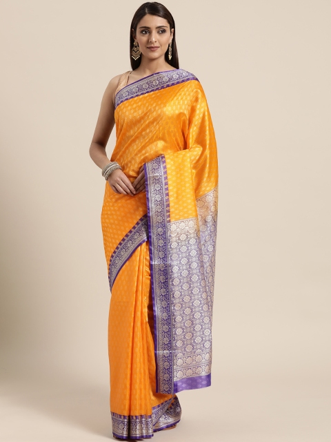 

BANARASI SILK WORKS Yellow & Purple Woven Design Banarasi Saree