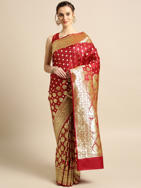 

BANARASI SILK WORKS Maroon & Golden Woven Design Banarasi Saree