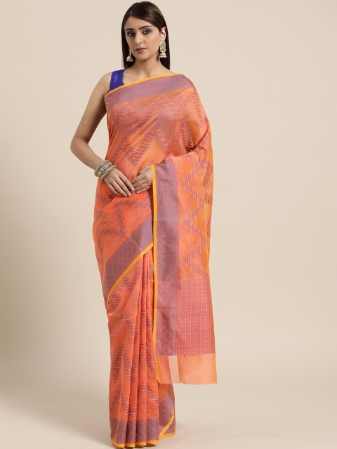 

BANARASI SILK WORKS Orange & Blue Woven Design Banarasi Saree