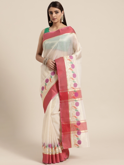

BANARASI SILK WORKS Off-White & Pink Woven Design Banarasi Saree